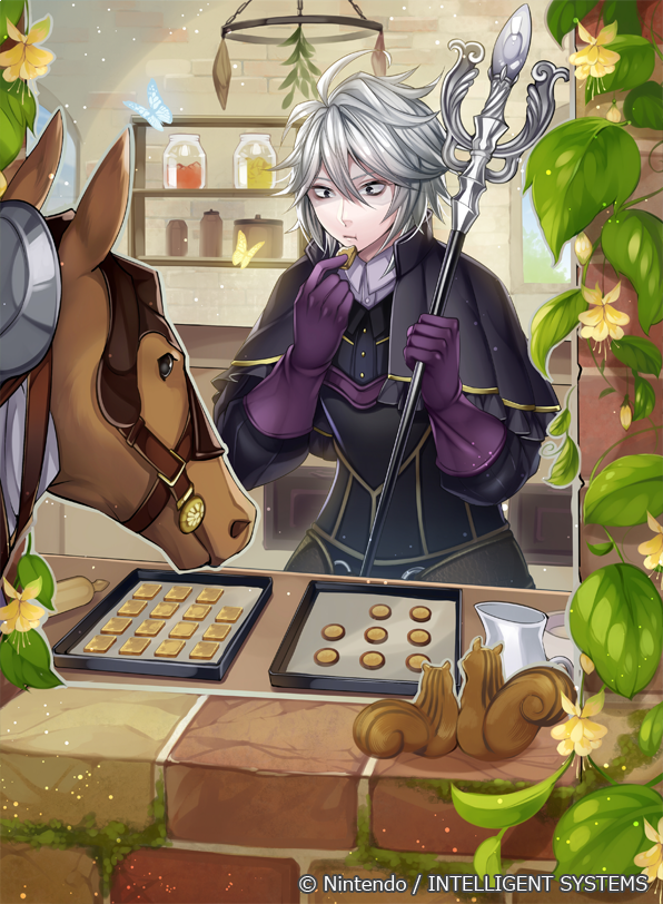 1boy biscuit bottle butterfly company_name deere_(fire_emblem_if) eating fire_emblem fire_emblem_cipher fire_emblem_if flower food gloves grey_hair horse leaf male_focus matsurika_youko official_art solo squirrel staff window