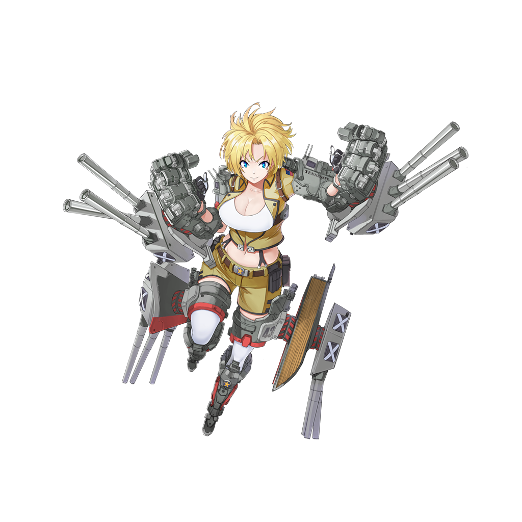 &gt;:) 1girl american_flag armor armored_boots belt black_gloves blonde_hair blue_eyes boots breasts cannon character_name cleavage closed_mouth collarbone full_body gloves hikari123456 jacket large_breasts looking_at_viewer machinery mechanical_arm midriff mole mole_under_eye navel official_art remodel_(zhan_jian_shao_nyu) shirt short_hair shorts smile solo standing standing_on_one_leg suspenders tank_top tennessee_(zhan_jian_shao_nyu) thigh-highs thigh_strap transparent_background turret white_legwear white_shirt yellow_jacket yellow_shorts zhan_jian_shao_nyu