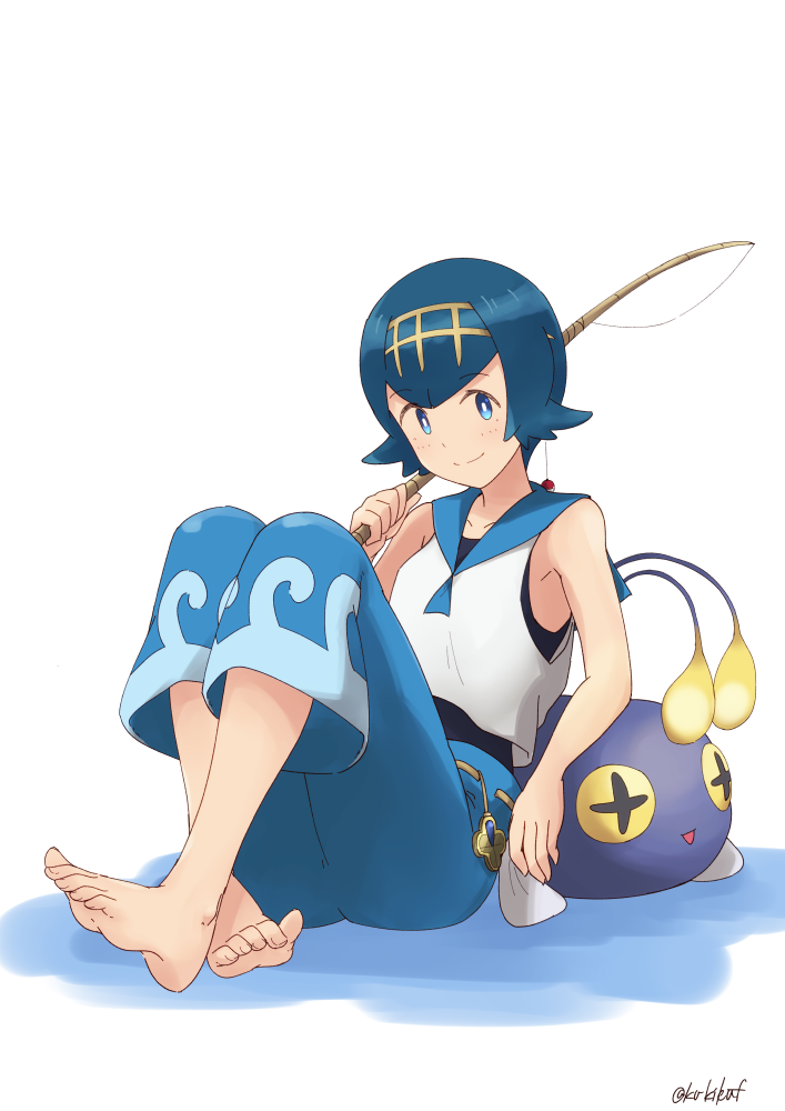 1girl barefoot blue_eyes blue_hair capri_pants chinchou feet fishing_rod hairband kakiha_makoto one-piece_swimsuit pants pokemon pokemon_(game) pokemon_sm sailor_collar shadow short_hair sitting sleeveless smile solo suiren_(pokemon) swimsuit swimsuit_under_clothes toes trial_captain white_background