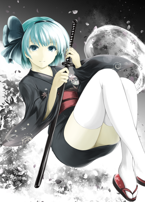 1girl bangs black_kimono blue_eyes closed_mouth floral_print ghost hair_ribbon hairband hitodama holding holding_sword holding_weapon japanese_clothes katana kimono knees_up konpaku_youmu konpaku_youmu_(ghost) kz_nagomiya long_sleeves looking_at_viewer midair obi petals red_shoes ribbon sandals sash scabbard sheath sheathed shoes short_hair short_kimono silver_hair sleeves_past_elbows smile solo sword thigh-highs touhou weapon white_legwear wide_sleeves