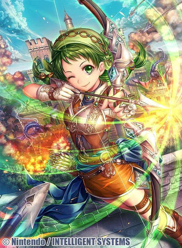 1girl arrow bandanna belt boots bow_(weapon) company_connection copyright_name fingerless_gloves fire_emblem fire_emblem:_rekka_no_ken fire_emblem_cipher fumi_(butakotai) gloves green_eyes green_hair holding holding_weapon knee_boots looking_at_viewer matching_hair/eyes miniskirt one_eye_closed quiver rebecca_(fire_emblem) skirt smile solo weapon