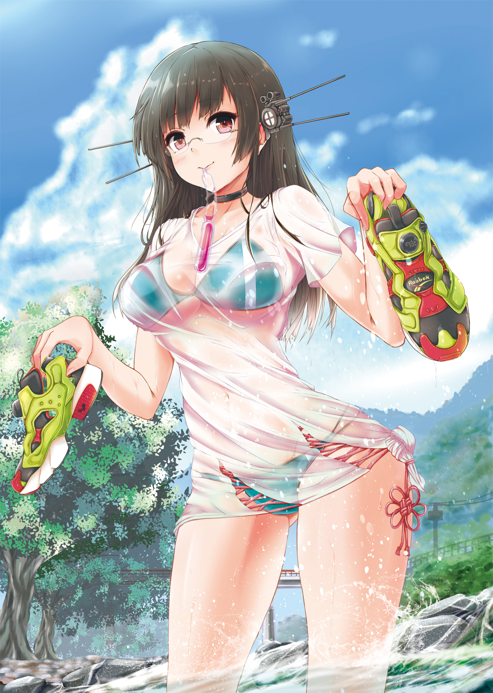 1girl bangs bare_arms bikini bikini_under_clothes black_hair blue_sky blush breasts bridge choker choukai_(kantai_collection) closed_mouth clouds collarbone contrapposto cross-laced_clothes day dripping eyebrows_visible_through_hair gelatin glasses gluteal_fold green_bikini green_shoes groin headgear highres holding holding_shoes kantai_collection knot kuroneko_(fragrant_olive) legs_apart long_hair looking_at_viewer medium_breasts mouth_hold multi-strapped_bikini navel outdoors pole power_lines product_placement railing red_eyes reebok reebok_pump revision river rock see-through shiny shiny_hair shirt shoes shoes_removed sky smile sneakers standing stomach string_bikini swimsuit t-shirt transparent tree tupet under_boob wading wet wet_clothes wet_hair wet_shirt