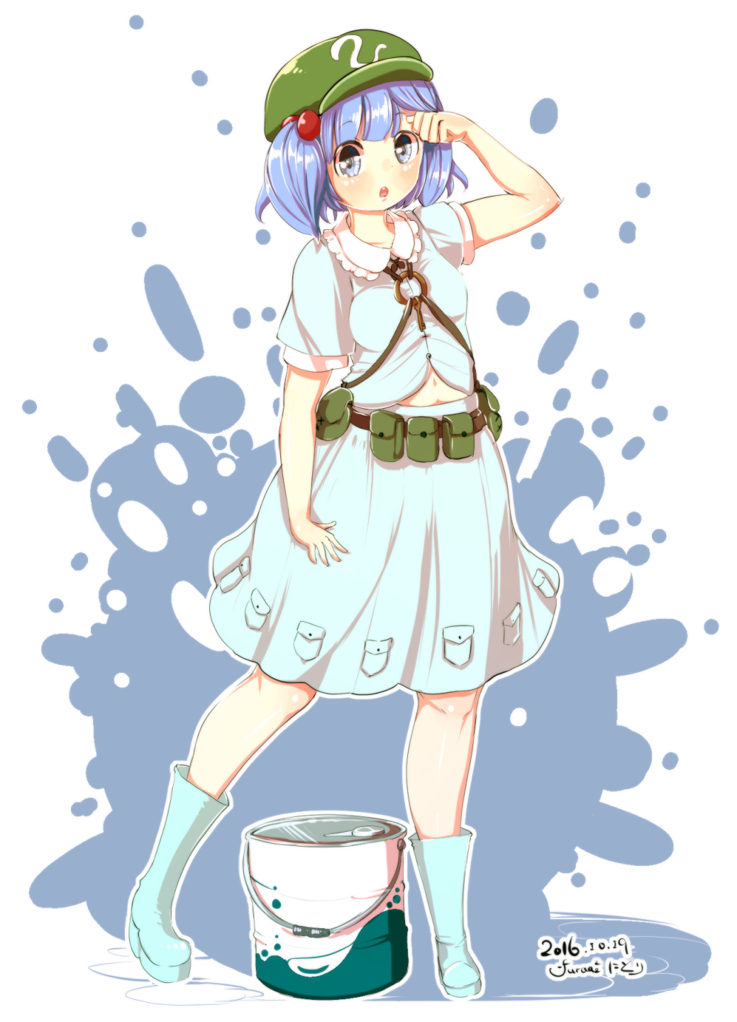 1girl :o adjusting_hair bangs belly belt blouse blue_eyes blue_hair blunt_bangs blush body_blush boots cabbie_hat furim hair_bobbles hair_ornament hat highres kawashiro_nitori key looking_at_viewer no_nose open_clothes open_shirt paint_can pocket shirt short_hair skirt solo touhou two_side_up utility_belt wide_hips