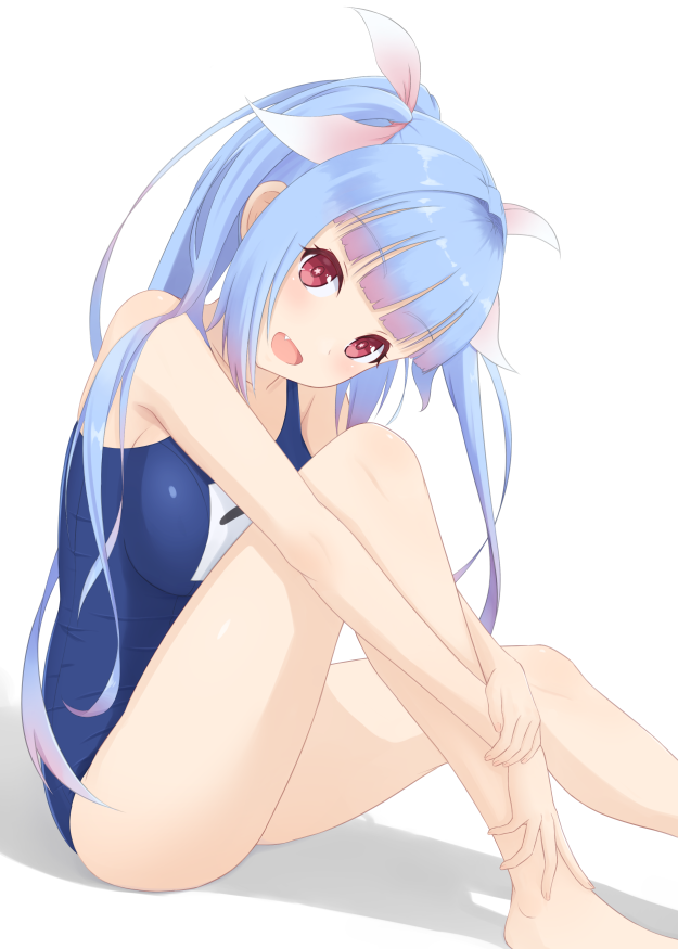 1girl :d armpits bangs barefoot blue_hair blue_swimsuit blunt_bangs blush breast_press breasts collarbone eyebrows_visible_through_hair fang from_side full_body gradient_hair hair_intakes hair_over_shoulder hair_ribbon happy head_tilt holding_arm i-19_(kantai_collection) kantai_collection knee_up large_breasts leg_hug legs long_hair looking_at_viewer midoriyama_soma multicolored_hair name_tag one-piece_swimsuit open_mouth pink_hair pink_ribbon red_eyes ribbon school_swimsuit shadow sidelocks simple_background sitting smile solo star star-shaped_pupils straight_hair swimsuit symbol-shaped_pupils tri_tails twintails v_arms very_long_hair white_background