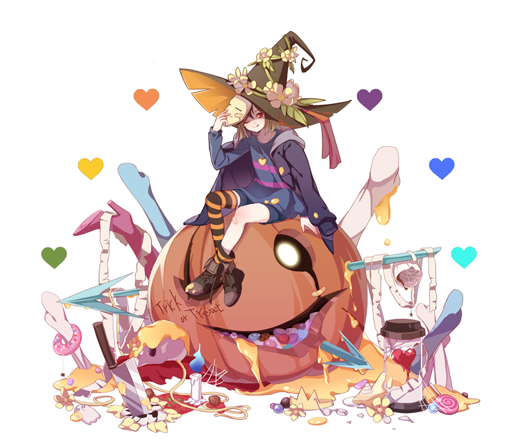 1girl ;q arrow bandaid bandaid_on_knee blue_fire bone boots broken brown_boots brown_hair candle candy chara_(undertale) closed_mouth cross-laced_footwear cup doughnut fire flower food glasses gotmil halloween hat head_tilt heart heart_background heart_necklace holding_mask jack-o'-lantern jacket_on_shoulders legs_crossed lollipop long_sleeves looking_at_viewer mask one_eye_closed red_eyes rimless_glasses short_hair shorts single_thighhigh sitting skirt smile solo sparkle striped striped_legwear striped_skirt swirl_lollipop teacup thigh-highs tongue tongue_out trick_or_treat undertale white_background witch_hat