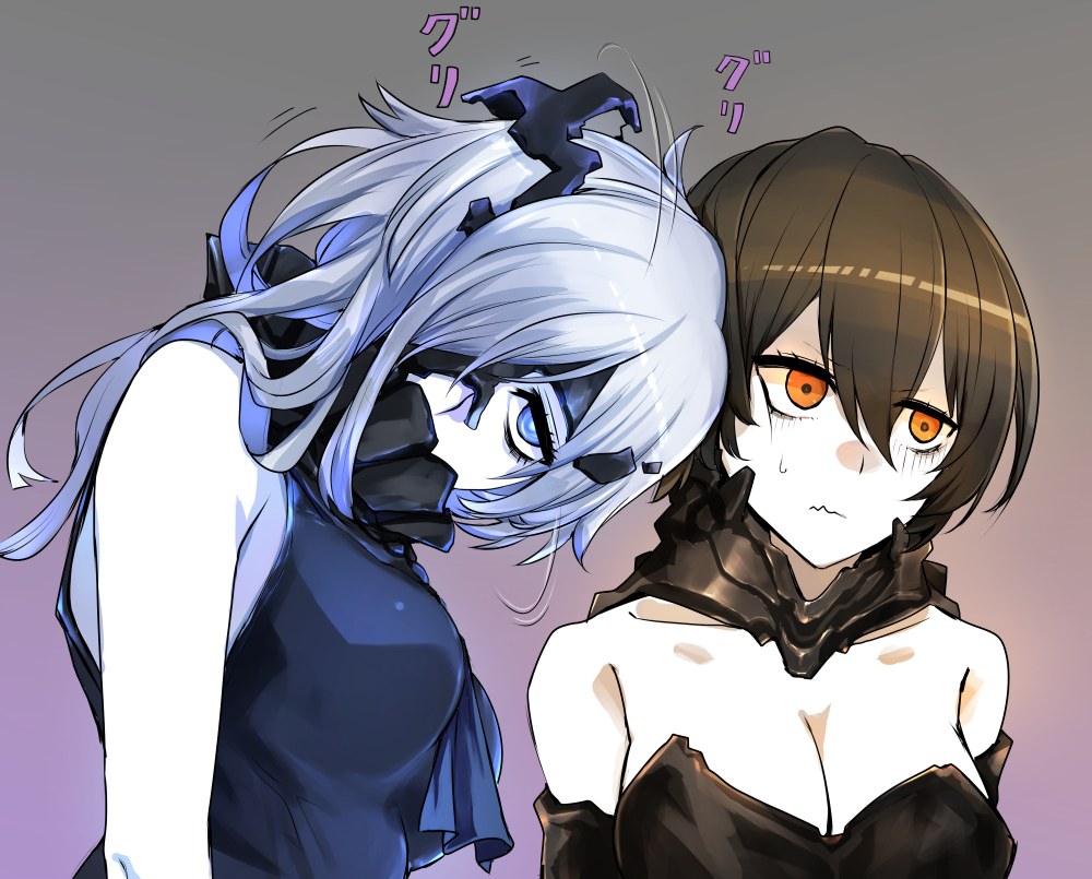 2girls bags_under_eyes bare_shoulders bikini_top black_hair blue_eyes breasts cleavage collar commentary_request gomasionori hair_over_one_eye head_rub kantai_collection looking_away multiple_girls ne-class_heavy_cruiser orange_eyes ri-class_heavy_cruiser rubbing shinkaisei-kan short_hair sweatdrop translated wavy_mouth white_hair