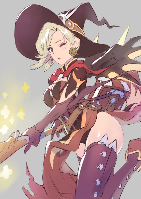 1girl blonde_hair book boots earrings elbow_gloves gloves halloween halloween_costume jack-o'-lantern jack-o'-lantern_earrings jewelry looking_at_viewer matsuda_(matsukichi) mechanical_wings mercy_(overwatch) one_eye_closed overwatch simple_background sketch solo thigh-highs thigh_boots white_background wings witch_mercy
