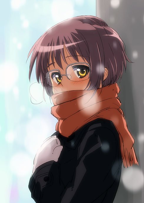 1girl blush breath_clouds cold covered_mouth looking_at_viewer mittens nagato_yuki purple_hair scarf shikou_ver2 snowing solo suzumiya_haruhi_no_shoushitsu suzumiya_haruhi_no_yuuutsu winter yellow_eyes