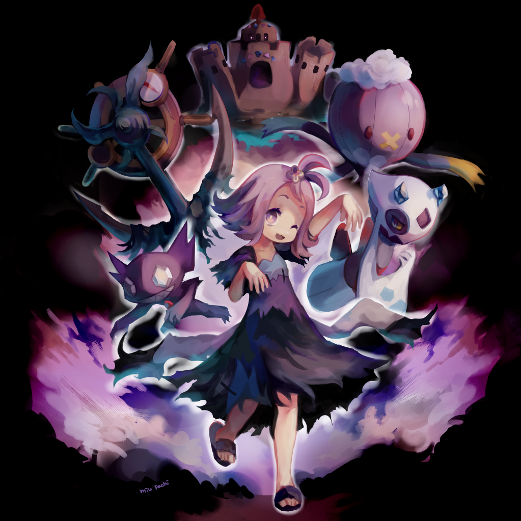 1girl acerola_(pokemon) dhelmise dress drifblim elite_four froslass hair_ornament half_updo miu_pachi one_eye_closed open_mouth palossand pokemon pokemon_(creature) pokemon_(game) pokemon_sm purple_dress purple_hair sableye sandals short_hair stitches trial_captain violet_eyes