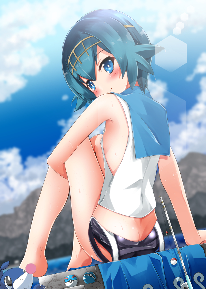 1girl ass barefoot blue_eyes blue_hair blue_sky blush breasts bright_pupils butt_crack closed_mouth clouds cloudy_sky day dive_ball fishing_rod great_ball hairband legs lens_flare looking_at_viewer looking_back lure_ball outdoors poke_ball pokemon pokemon_(creature) pokemon_(game) pokemon_sm popplio school_swimsuit shirosuzu sideboob sitting sky sleeveless small_breasts smile solo suiren_(pokemon) swimsuit wet