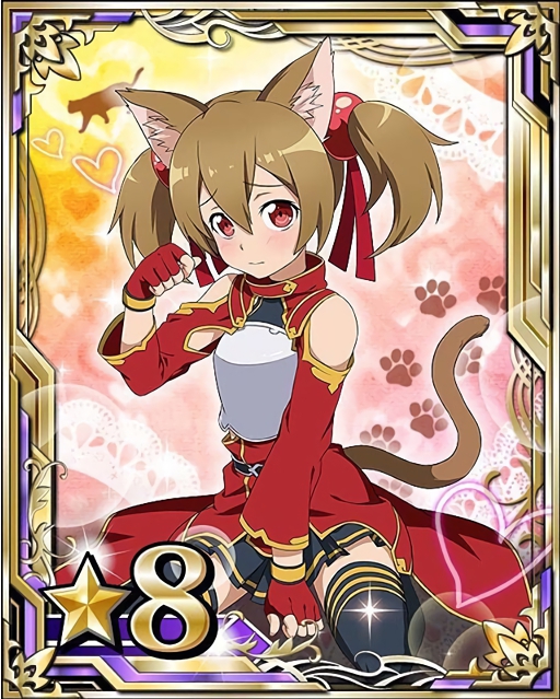 1girl animal_ears between_legs black_legwear black_skirt breastplate breasts brown_hair card_(medium) cat cat_ears cat_tail cosplay fingerless_gloves gloves hand_between_legs heart long_hair looking_at_viewer number pleated_skirt red_eyes red_gloves silica silica_(cosplay) silica_(sao-alo) sitting skirt solo star sword_art_online tail thigh-highs zettai_ryouiki