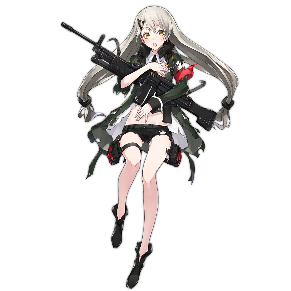 1girl armband belt bipod black_scarf eyebrows eyebrows_visible_through_hair full_body girls_frontline green_jacket gun h&amp;k_mg4 hair_ornament hairclip heckler_&amp;_koch holding holding_gun holding_weapon holster jacket long_hair looking_at_viewer machine_gun mg4_(girls_frontline) necktie official_art open_mouth personification scarf shirt shorts skinny solo standing standing_on_one_leg star star_print strap thigh_holster torn_clothes torn_jacket torn_scarf torn_shirt torn_shorts transparent_background twintails weapon white_shirt