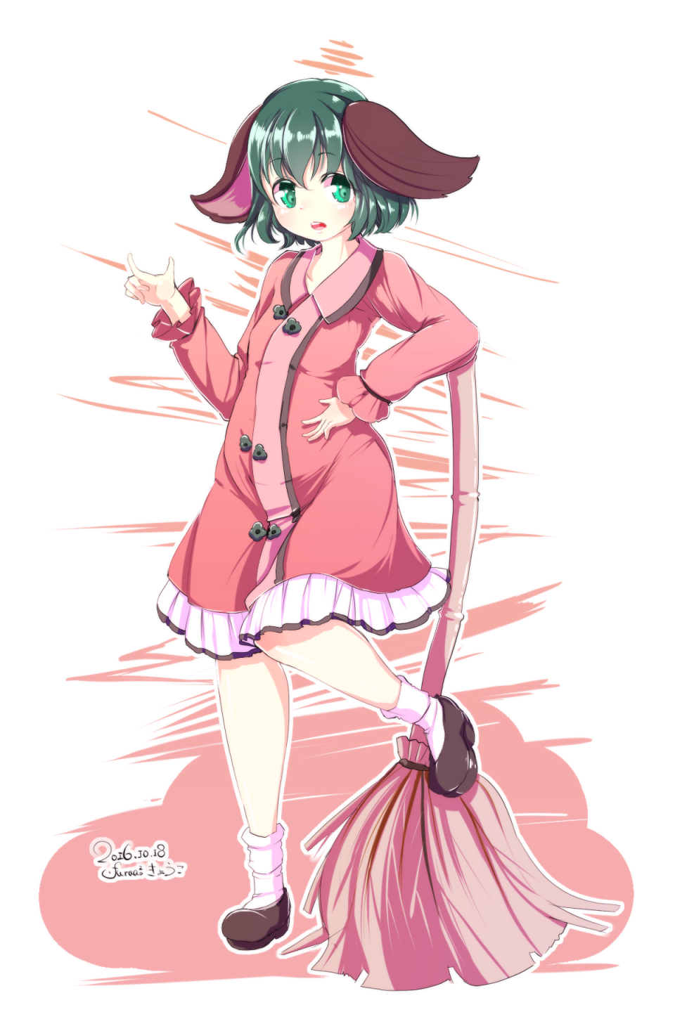 1girl :o animal_ears bamboo_broom blush breasts broom dog_ears dress furim green_eyes green_hair hand_on_hip highres index_finger_raised kasodani_kyouko leaning_on_broom looking_at_viewer matching_hair/eyes open_mouth shoes short_hair small_breasts socks solo standing standing_on_one_leg touhou wide_hips