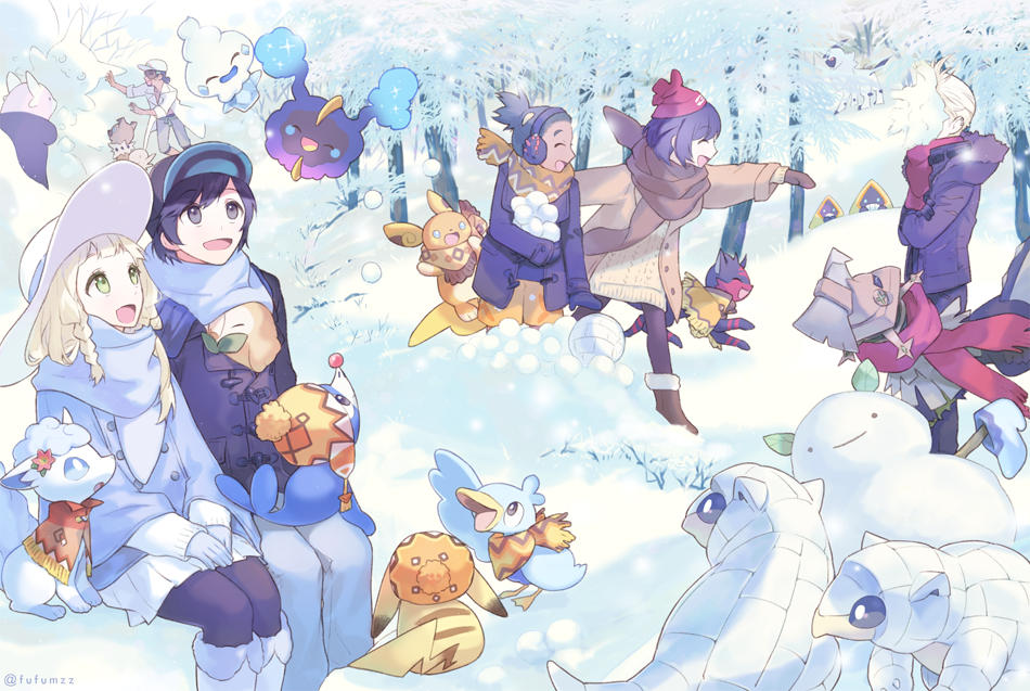 2boys 2girls 4girls :d ^_^ ^o^ absol alolan_raichu alolan_sandshrew alolan_vulpix ankle_boots bangs bare_tree beak beanie bewear bird black_coat black_eyes black_gloves black_hair black_legwear blonde_hair blue_coat blue_eyes blue_pants blue_scarf blunt_bangs boots braid brother_and_sister brown_boots brown_coat brown_gloves brown_scarf buttons capelet closed_eyes clothed_pokemon coat cosmog crossed_arms dark_skin double-breasted duck ducklett earmuffs female_protagonist_(pokemon_sm) floating forest gladio_(pokemon) gloves green_eyes grey_pants hand_on_lap hat hau_(pokemon) in_the_face knee_boots kukui_(pokemon) labcoat lillie_(pokemon) litten_(pokemon) long_hair long_sleeves looking_up male_protagonist_(pokemon_sm) melso multiple_boys multiple_girls nature open_clothes open_coat open_labcoat open_mouth outdoors outstretched_arm pants pantyhose pikachu pokemon pokemon_(creature) pokemon_(game) pokemon_sm popplio red_flower red_hat red_scarf rockruff rowlet scarf shorts siblings sitting smile snorunt snow snowball snowball_fight snowman standing standing_on_one_leg sun_hat tareme throwing tree twin_braids twitter_username type:_null vanillite white_boots white_gloves white_hat white_pupils winter