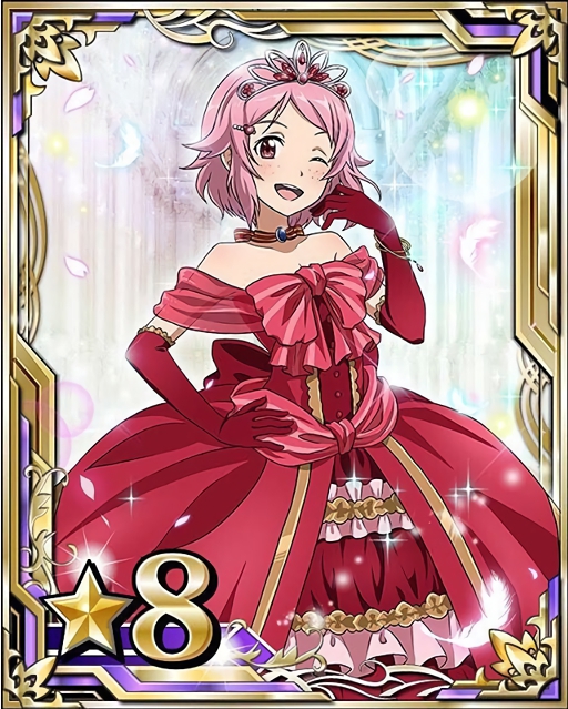 1girl breasts card_(medium) cleavage collarbone diadem dress elbow_gloves gloves hair_ornament hand_on_hip lisbeth looking_at_viewer medium_breasts number one_eye_closed pink_hair red_dress red_eyes red_gloves short_hair solo star sword_art_online