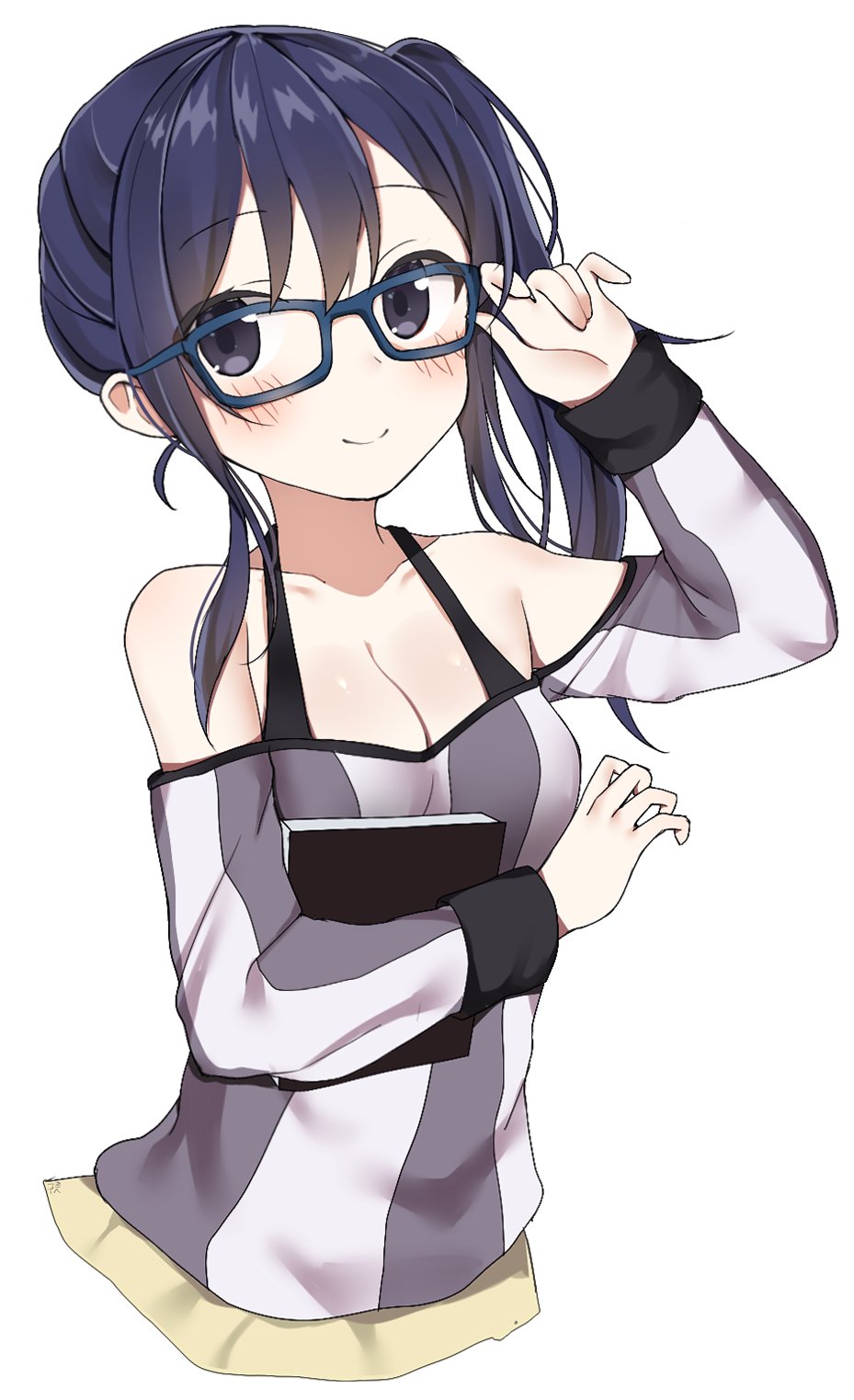 1girl adjusting_glasses arm_up bangs blue-framed_eyewear blue_eyes blue_hair blush book breasts cleavage collarbone eyebrows_visible_through_hair glasses highres holding holding_book imai_midori kurutsu large_breasts looking_at_viewer matching_hair/eyes off_shoulder shirobako shirt side_ponytail simple_background smile solo striped striped_shirt upper_body vertical-striped_shirt vertical_stripes white_background