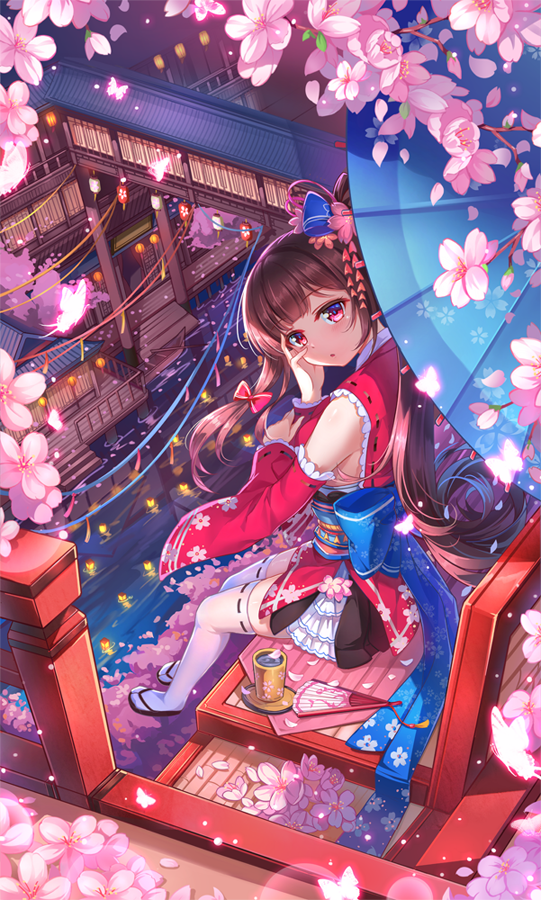 1girl architecture bangs bow brown_hair butterfly cherry_blossoms commentary_request cup detached_sleeves east_asian_architecture fan folding_fan hair_bow hair_ornament hand_on_own_cheek japanese_clothes lace lace-trimmed_sleeves lace-trimmed_thighhighs long_hair looking_at_viewer miazi mug obi oriental_umbrella original ribbon-trimmed_sleeves ribbon_trim sandals sash sitting solo tabi thigh-highs umbrella water white_legwear wide_sleeves