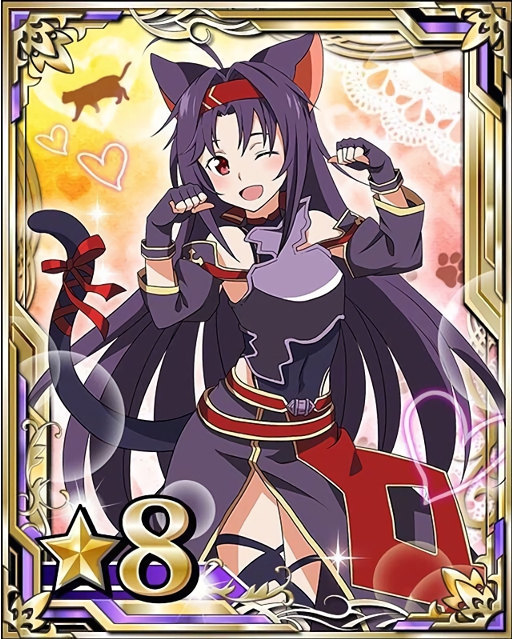 1girl ahoge animal_ears black_gloves card_(medium) cat cat_ears cat_tail covered_navel fingerless_gloves gloves hairband heart long_hair looking_at_viewer number one_eye_closed open_mouth paw_pose purple_hair red_eyes red_hairband red_ribbon ribbon solo star sword_art_online tail tail_ribbon yuuki_(sao)