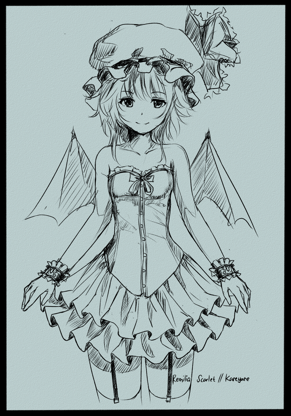 1girl alternate_costume artist_name bare_shoulders bat_wings black_border border bow character_name corset cropped_legs facing_viewer frilled_skirt frills garter_straps hat hat_bow hat_ribbon highres kareyare looking_at_viewer mob_cap monochrome remilia_scarlet ribbon scan short_hair simple_background sketch skirt sleeveless smile solo thigh-highs touhou traditional_media wings wrist_cuffs zettai_ryouiki