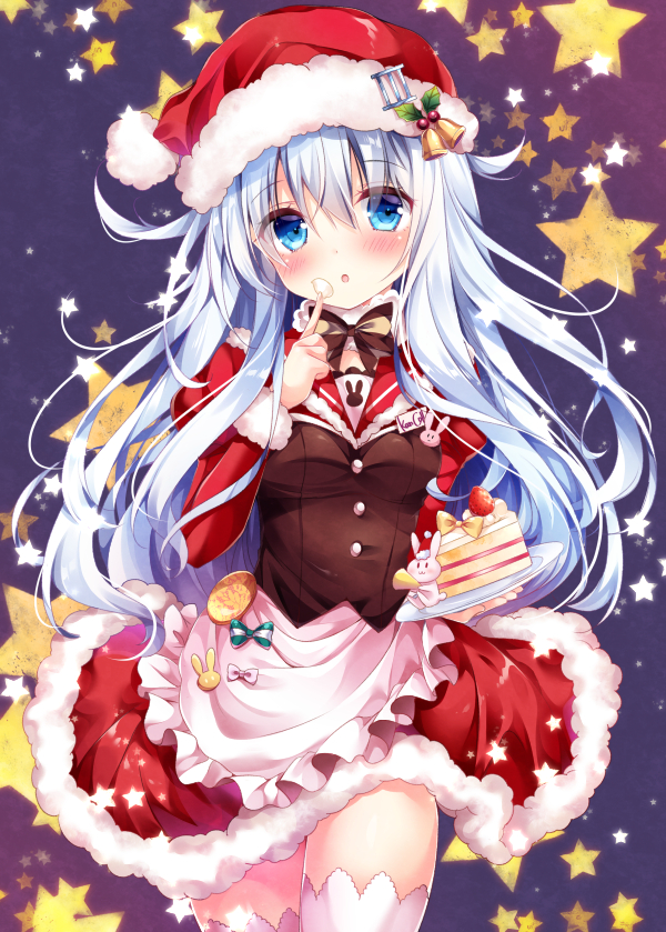 :o bells blue_eyes blue_hair blush bowtie cake christmas dress hibiki_(kantai_collection) kantai_collection long_hair nogi_takayoshi personification rabbit santa_hat skirt thigh_highs