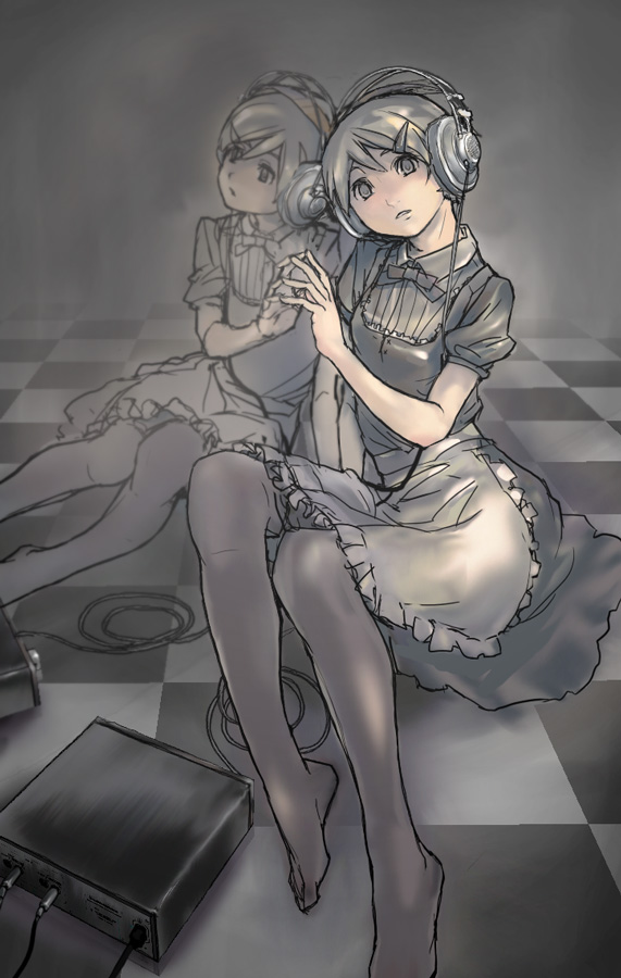 1girl apron checkered checkered_floor fog hair_ornament hairclip headphones hogeo looking_at_viewer maid pantyhose puffy_sleeves reflection short_hair solo touching wire