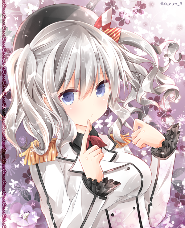 1girl beret black_shirt blue_eyes breasts closed_mouth epaulettes eyebrows eyebrows_visible_through_hair finger_to_mouth floral_background frilled_sleeves frills hair_between_eyes hat jacket kantai_collection kashima_(kantai_collection) kurun_(kurun777) long_sleeves looking_at_viewer medium_breasts o3o purple_background shiny shiny_hair shirt silver_hair solo twintails twitter_username upper_body white_jacket