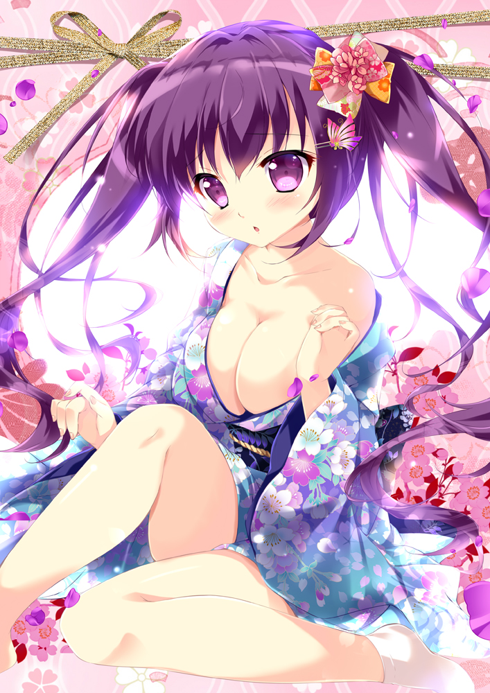 1girl breasts cleavage gochuumon_wa_usagi_desu_ka? japanese_clothes kimono large_breasts mikeou purple_hair sitting tedeza_rize twintails