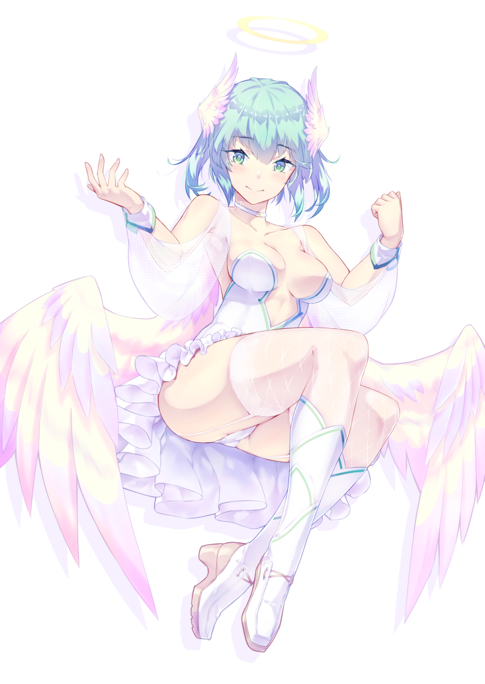 1girl angel angel_wings bangs bare_shoulders boots breasts collar collarbone dev dress eyebrows_visible_through_hair female frilled_dress frilled_skirt frills from_below full_body garter_straps green_eyes green_hair hair_between_eyes halo hands_up highres invisible_chair large_breasts low_wings matching_hair/eyes original panties pantyshot pantyshot_(sitting) see-through shadow short_hair simple_background sitting skirt solo thigh-highs underwear veil white_background white_dress white_legwear wings wrist_cuffs