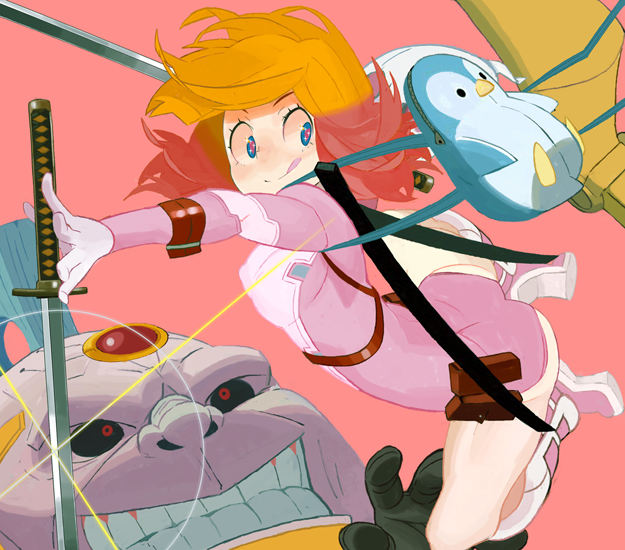 1boy 1girl :p animal_backpack backpack bag blonde_hair blue_eyes boots breasts diffraction_spikes dual_wielding gradient_hair gwen_poole gwenpool jumping leotard looking_afar marvel modok mohawk multicolored_hair pink_background simple_background small_breasts smile sword tongue tongue_out weapon yuuki_(irodo_rhythm)