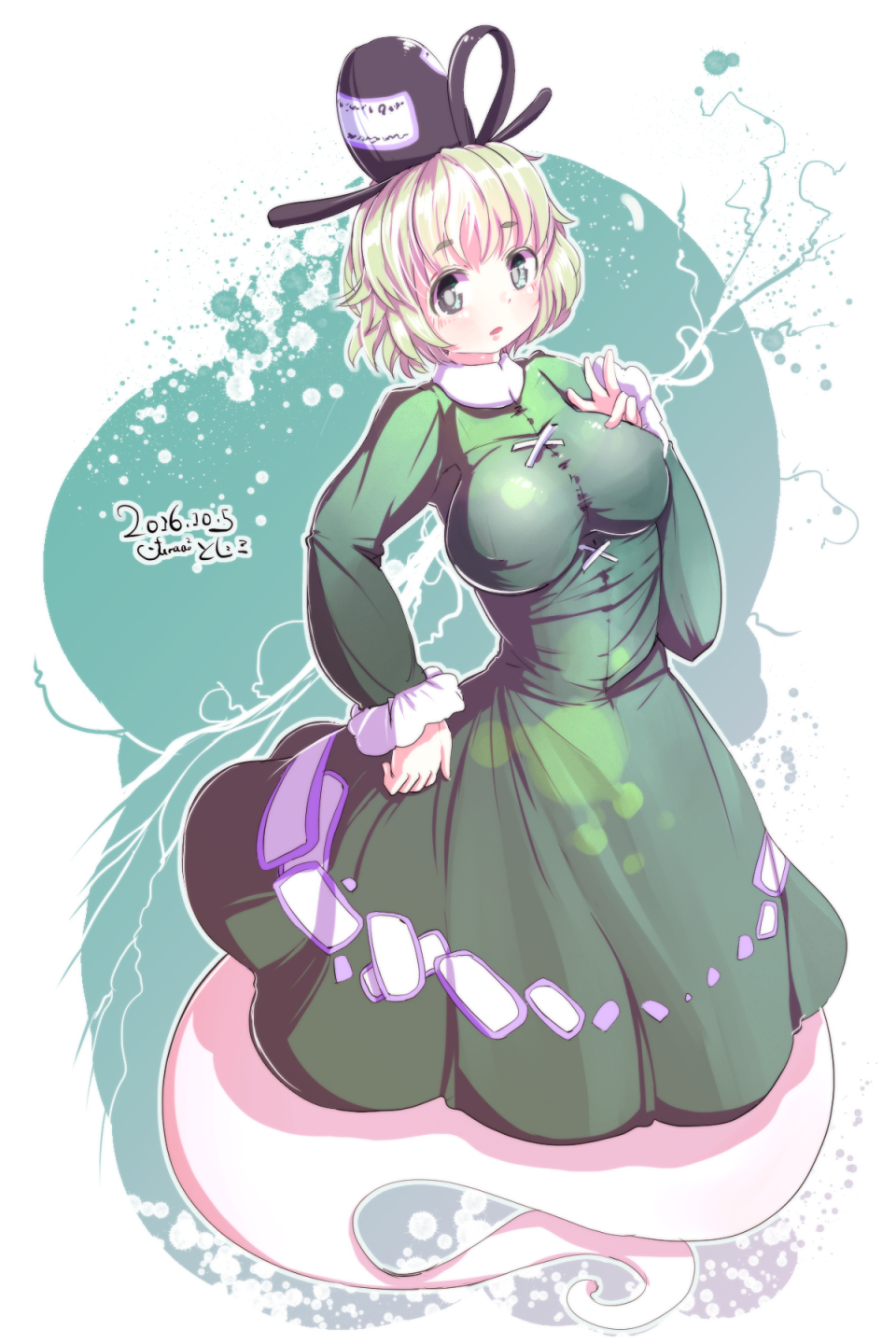 1girl 2016 :o blush breasts dated dress electricity furim ghost_tail green_eyes green_hair hat highres large_breasts long_sleeves looking_at_viewer matching_hair/eyes ofuda_on_clothes short_hair soga_no_tojiko solo tate_eboshi touhou turtleneck