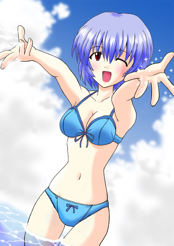 1girl ;d ayanami_rei bikini blue_hair cloud cowboy_shot cute extended_arms gainax neon_genesis_evangelion one_eye_closed open_mouth red_eyes ribbon sky solo sparkle splash summer swimsuit water wink