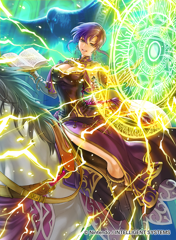 1girl bird book breasts cleavage company_name copyright_name crow dress earrings elbow_gloves fire_emblem fire_emblem:_rekka_no_ken fire_emblem_cipher gloves horse horseback_riding jewelry kita_senri medium_breasts official_art purple_hair riding short_hair side_slit smile solo ursula_(fire_emblem) violet_eyes