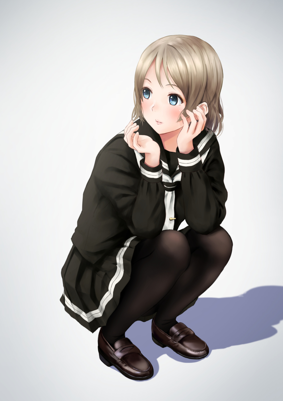 1girl black_serafuku blue_eyes elbows_on_knees grey_background grey_hair highres loafers long_sleeves looking_to_the_side love_live! love_live!_sunshine!! neckerchief pantyhose papi_(papiron100) pleated_skirt school_uniform serafuku shadow shoes short_hair skirt solo squatting tie_clip watanabe_you