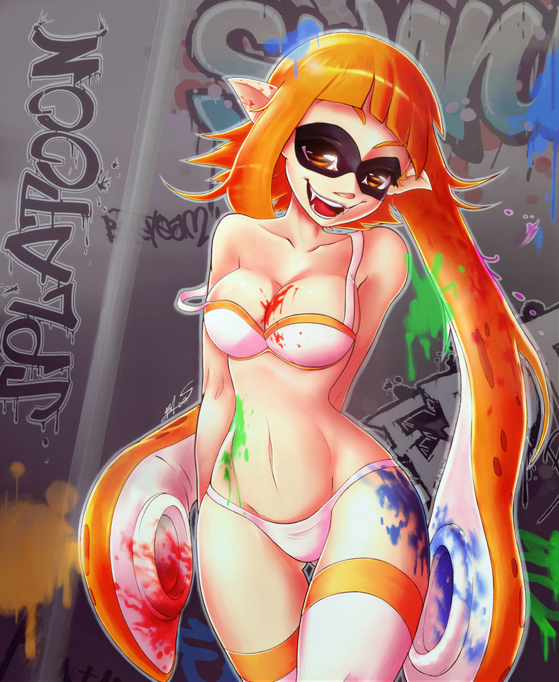 &gt;:d 1girl arms_behind_back bra cleavage eye_mask fangs ink inkling long_hair medium_breasts navel nintendo open_mouth orange_eyes orange_hair panties pointy_ears solo splatoon stockings tagme thigh_highs underwear