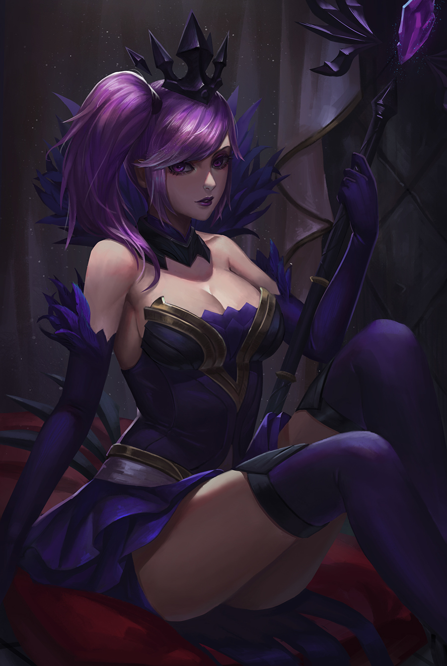1girl alternate_hair_color alternate_hairstyle bare_shoulders breasts cleavage crown dark_persona elbow_gloves elementalist_lux gloves highres hou_akira league_of_legends lipstick looking_at_viewer luxanna_crownguard makeup parted_lips purple_hair purple_lipstick side_ponytail sitting solo staff thigh-highs violet_eyes
