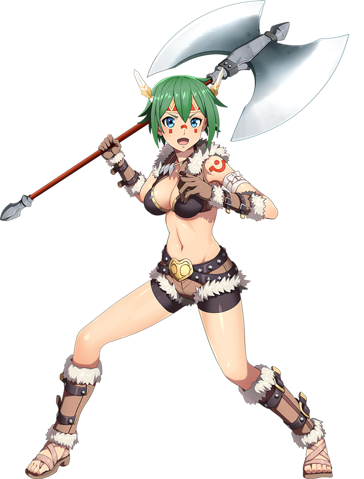 1girl blue_eyes breasts cleavage facial_mark full_body fur_trim gloves green_hair headband holding_axe looking_at_viewer navel open_mouth rorone_(sennen_sensou_aigis) sandals sennen_sensou_aigis shin'ya_(shin'yanchi) short_hair smile solo standing transparent_background wide_stance