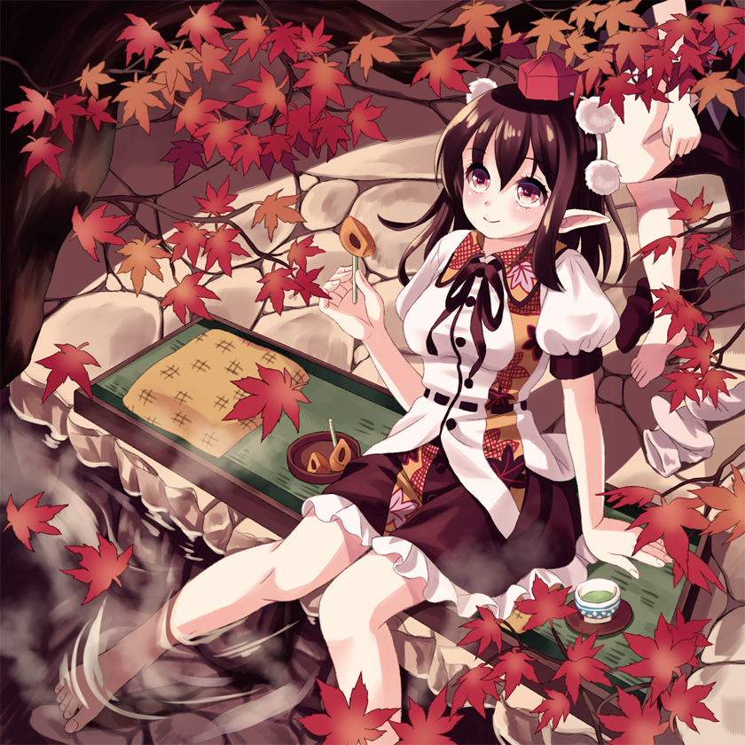 1girl arm_support autumn_leaves barefoot black_hair black_ribbon black_skirt blush breasts closed_mouth douji dress_shirt frilled_skirt frills hat leaf leaf-pattern_stripe looking_up maple_leaf medium_breasts neck_ribbon partially_submerged pointy_ears pom_pom_(clothes) puffy_short_sleeves puffy_sleeves red_eyes ribbon shameimaru_aya shirt short_sleeves sitting skirt smile solo_focus tokin_hat touhou white_shirt