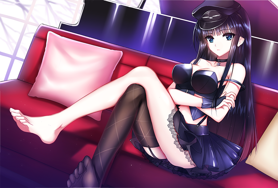1girl bare_shoulders barefoot black_hair black_legwear blue_eyes breasts choker cleavage crossed_arms cushion feet garter_straps hat lace lace-trimmed_skirt legs_crossed long_hair looking_at_viewer meaomao midriff no_shoes single_thighhigh sitting skirt sleeveless thigh-highs toes touma_kazusa very_long_hair white_album_2