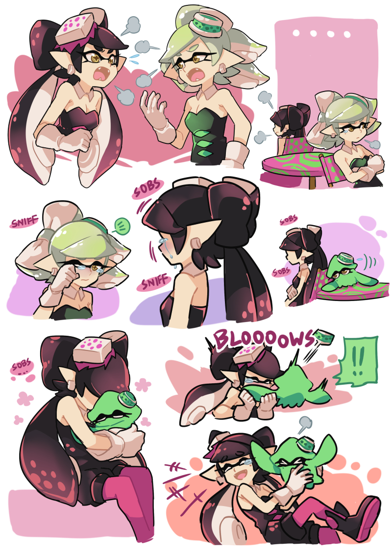 ! !! +_+ 2girls angry ankle_boots aori_(splatoon) arguing black_boots black_hair blowing_nose boots brown_eyes chair comic cousins crossed_arms crying detached_collar domino_mask earrings fangs food food_on_head fume gloves grey_hair hotaru_(splatoon) hug jewelry laughing long_hair looking_at_another mask multiple_girls object_on_head pantyhose purple_legwear short_hair short_jumpsuit silent_comic sitting splatoon spoken_exclamation_mark squid standing strapless table tearing_up tentacle_hair white_gloves wong_ying_chee