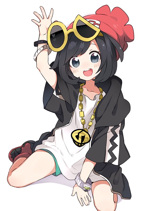 1girl arm_up beanie black_eyes black_hair chain_necklace cosplay female_protagonist_(pokemon_sm) guzuma_(pokemon) guzuma_(pokemon)_(cosplay) hat hood hoodie k_rough open_mouth oversized_clothes pokemon pokemon_(game) pokemon_sm red_hat short_hair simple_background sitting skull_necklace solo sunglasses sunglasses_on_head wariza white_background z-ring
