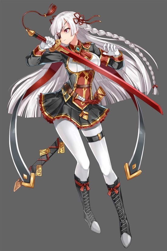 1girl artist_request black_boots black_skirt boots braid cross-laced_footwear epic7 eyepatch full_body gloves hair_ribbon holding holding_sword holding_weapon legband long_hair looking_to_the_side red_eyes ribbon sheath skirt solo standing sword tassel weapon white_gloves white_hair white_legwear