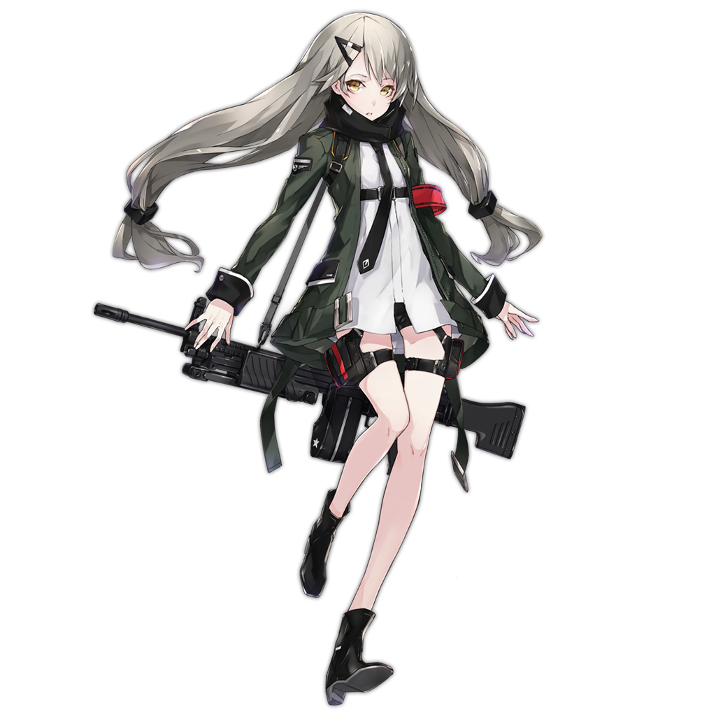 1girl armband belt bipod black_scarf carrying carrying_over_shoulder eyebrows full_body girls_frontline green_jacket grey_eyes grey_hair gun h&amp;k_mg4 hair_ornament hairclip heckler_&amp;_koch holster jacket long_hair looking_at_viewer machine_gun mg4_(girls_frontline) necktie official_art parted_lips personification scarf shirt shorts skinny solo standing standing_on_one_leg star star_print strap symbol thigh_holster transparent_background twintails weapon white_shirt