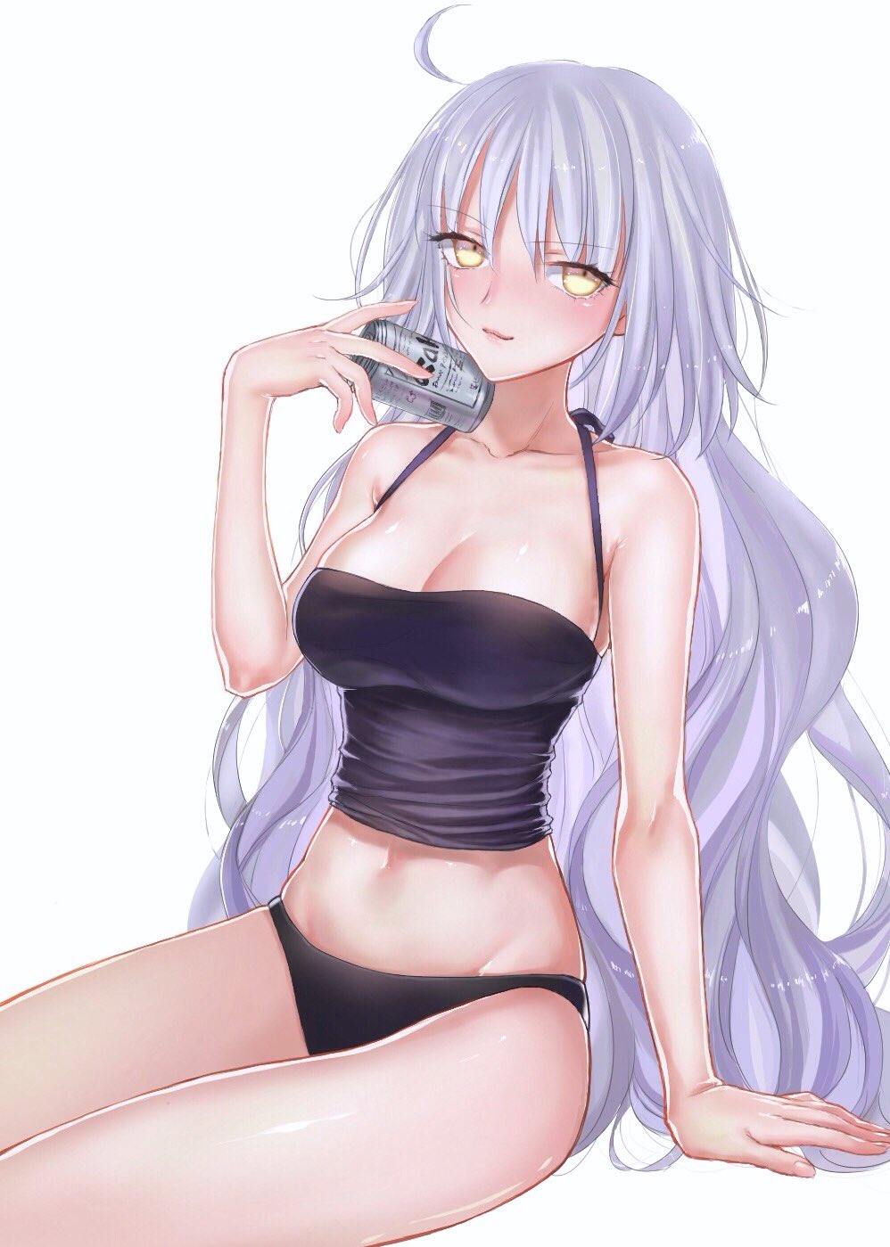 1girl ahoge alcohol bare_shoulders beer beer_can blonde_hair breasts can cleavage fate/apocrypha fate/grand_order fate_(series) highres jeanne_alter long_hair looking_at_viewer midriff navel nipi27 no_pants panties ruler_(fate/apocrypha) silver_hair sitting smile solo underwear very_long_hair yellow_eyes