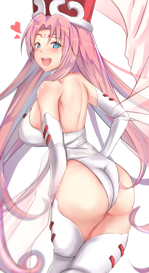 1girl absurdly_long_hair ass blue_eyes blush breasts butt_crack commentary commentary_request gloves heart houshin_engi large_breasts long_hair open_mouth pink_hair shiny shiny_skin smile so_dakki solo thigh-highs tight untsue very_long_hair white_gloves