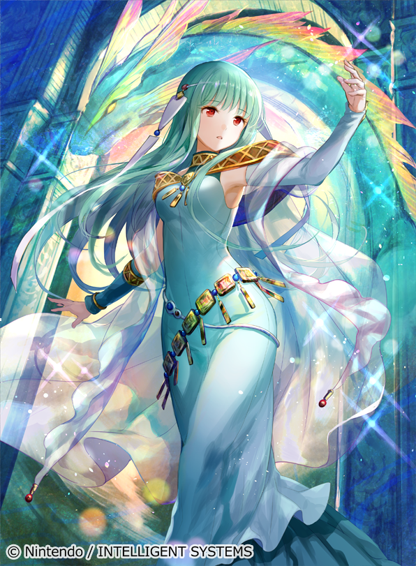 1girl aqua_hair armpits blue_dress company_connection copyright_name dragon dress elbow_gloves fire_emblem fire_emblem:_rekka_no_ken fire_emblem_cipher fuji_choko gloves hair_ornament hands_on_own_chest long_dress long_hair looking_away ninian open_mouth red_eyes solo