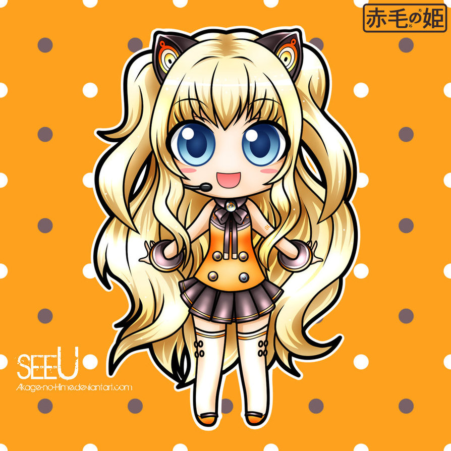 1girl animal_ears blonde_hair blue_eyes cat_ears chibi cuffs headphones korean long_hair looking_at_viewer miniskirt necktie nekomimi open_mouth seeu simple_background solo stockings tagme tattoo thigh_highs vocaloid wavy_hair