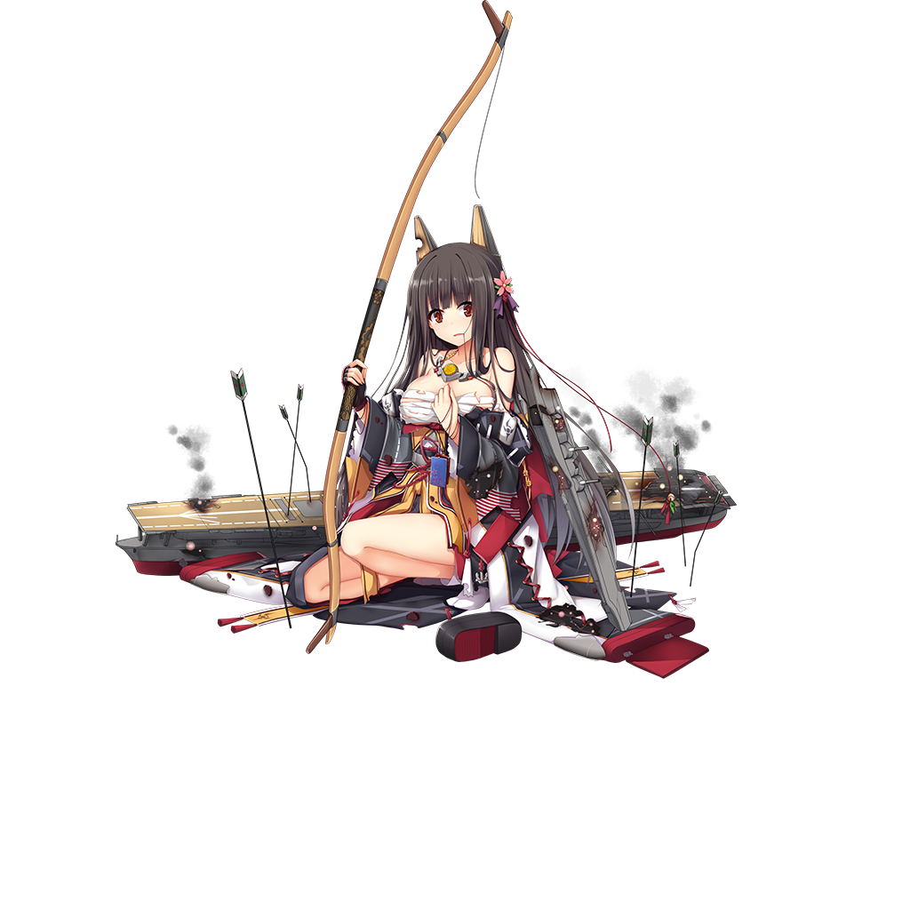 1girl aixioo akagi_(zhan_jian_shao_nyu) animal_ears arrow bangs bell black_gloves black_hair blunt_bangs bow breasts broken brown_eyes cannon damaged detached_sleeves fake_animal_ears fingerless_gloves flight_deck flower full_body gloves hair_flower hair_in_mouth hair_ornament headgear holding_bow_(weapon) japanese_clothes kneeling long_hair long_sleeves looking_at_viewer machinery obi official_art parted_lips remodel_(zhan_jian_shao_nyu) sandals sandals_removed sash single_glove smoke solo tabi torn_clothes transparent_background turret wide_sleeves zhan_jian_shao_nyu