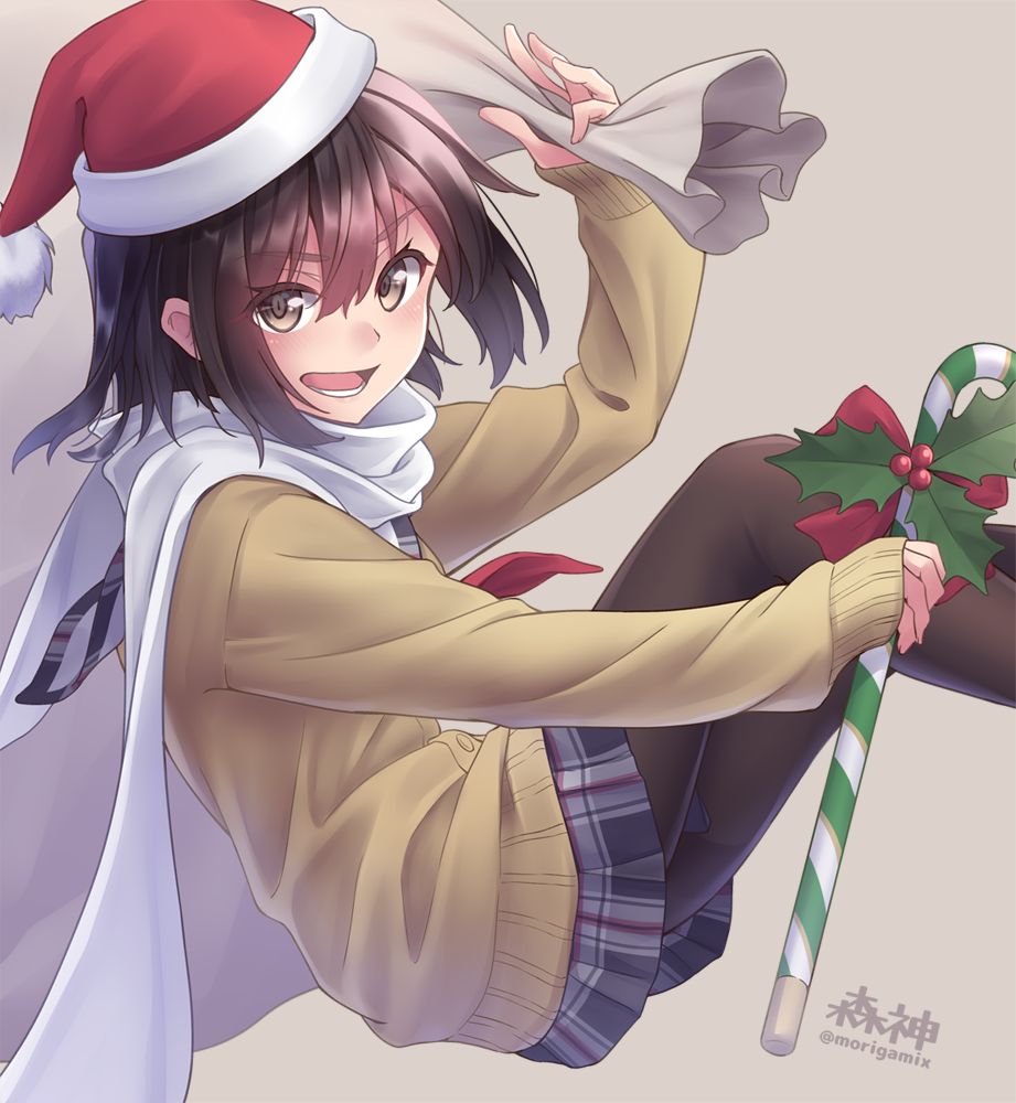 &gt;:d 1girl :d alternate_costume artist_name beige_background black_legwear blazer blue_skirt brown_eyes brown_hair buttons candy candy_cane eyebrows_visible_through_hair food hair_between_eyes hat holding invisible_chair jacket kantai_collection leaning_back leg_up long_sleeves looking_at_viewer miniskirt mistletoe morigami_(morigami_no_yashiro) neckerchief open_mouth pantyhose plaid plaid_skirt red_hat sack santa_hat scarf sendai_(kantai_collection) simple_background sitting skirt smile solo sweets twitter_username white_scarf