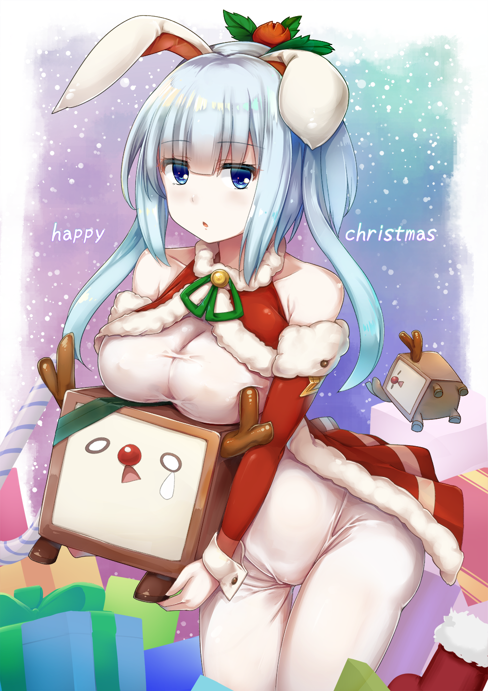 1girl animal_ears bangs bare_shoulders blue_eyes blue_hair bodysuit breast_rest breasts candy candy_cane christmas cleavage cowboy_shot detached_sleeves eyebrows_visible_through_hair food fur_trim gift hair_ornament halterneck highres holding large_breasts long_hair looking_at_viewer matching_hair/eyes merry_christmas original pale_skin parted_lips rabbit_ears reindeer santa_costume snow solo sorano_(12gou) thighs twintails