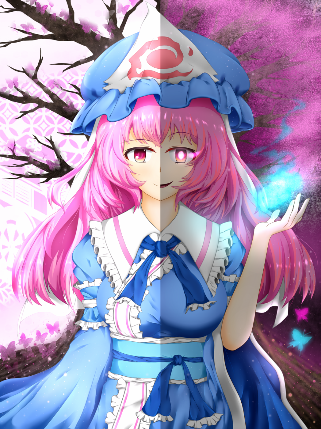 1girl blue_dress butterfly cherry cherry_blossoms closed_mouth dress food fruit ghost hat highres hitodama japanese_clothes kimono long_hair long_sleeves mob_cap obi open_mouth pink_eyes pink_hair ribbon saigyouji_yuyuko sash smile solo touhou triangular_headpiece vh(yuv-achi) wide_sleeves